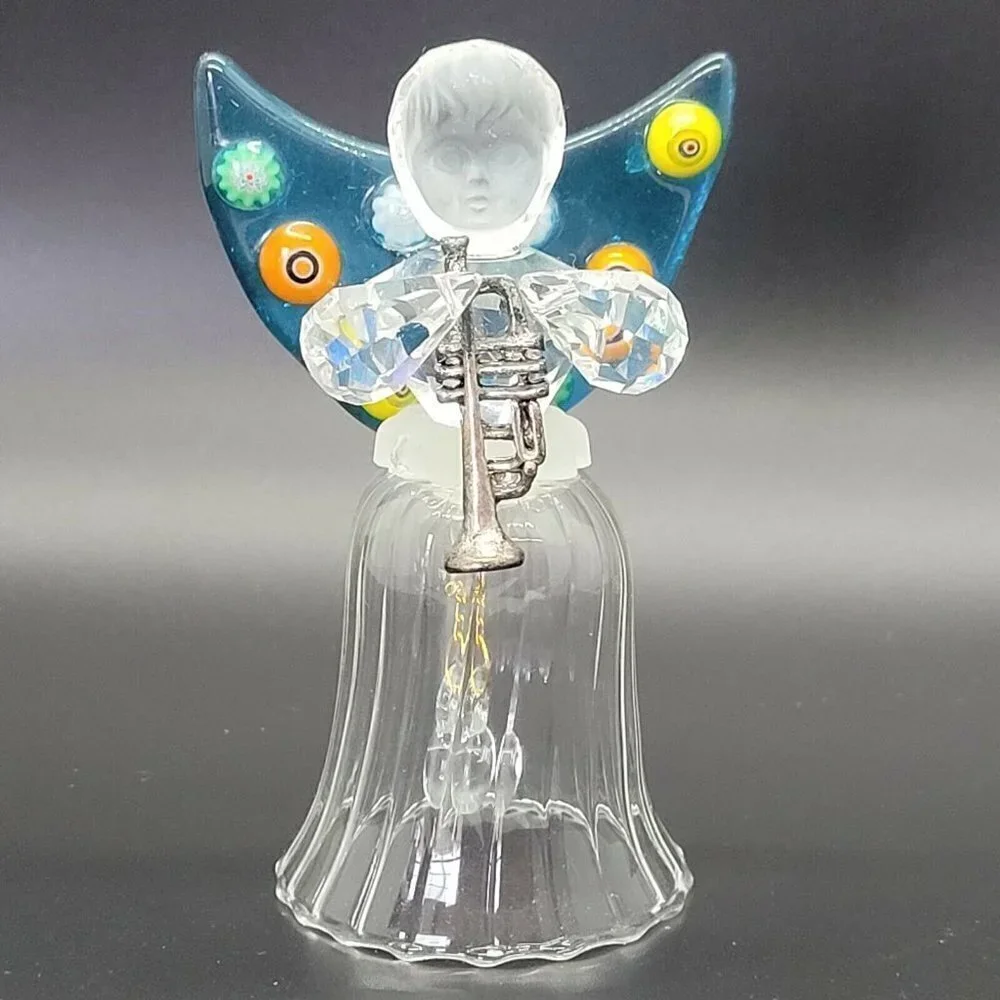 Art Glass Angel Bell Crystal Arms Millefiori Wings Delicate Collectible Curio